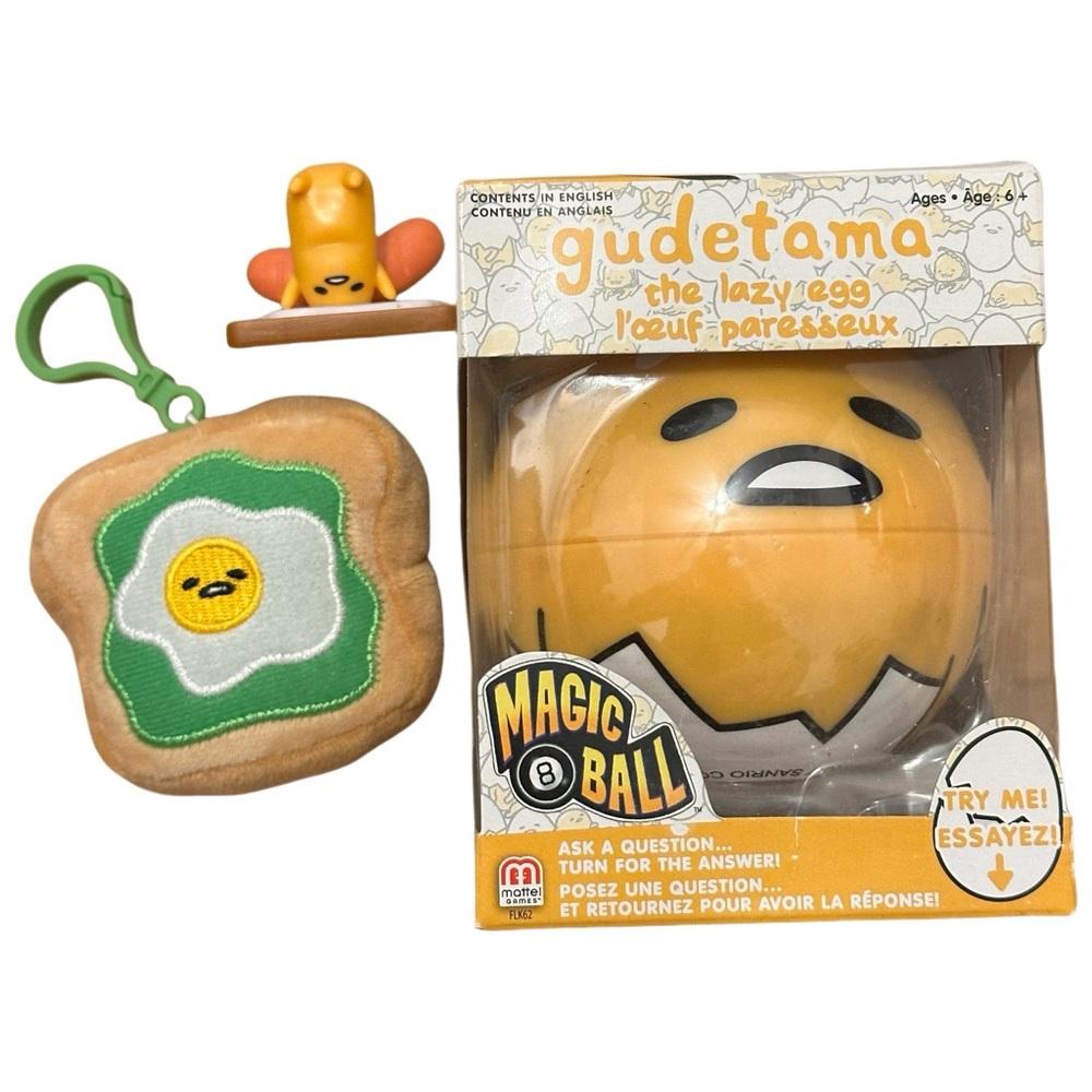 Gudetama Bundle – Plush Keychain, Figure, & Magic 8 Ball Set